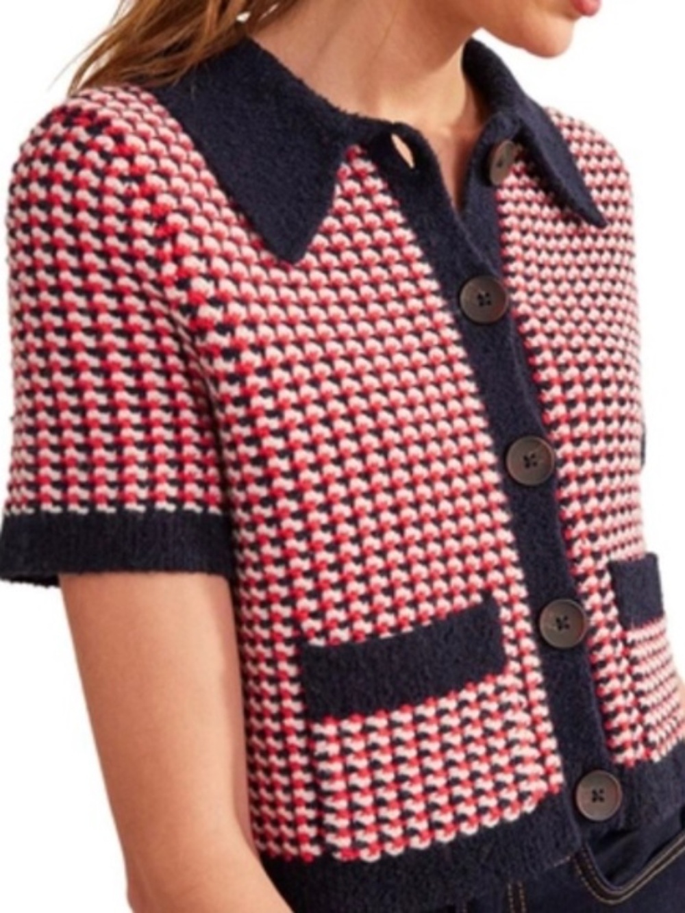 Boden short cardigan, navy, red, and white, size L